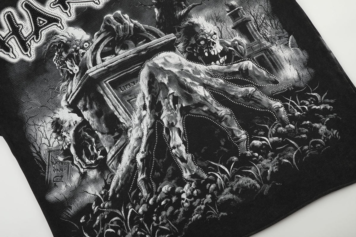 HARMONY Washed Black Rhinestone Graphic T-Shirt — detail