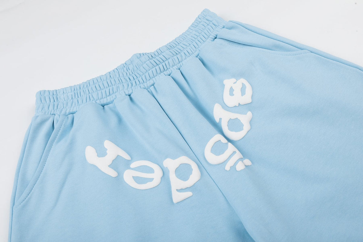 Sp5der Raised Graphic Raw Hem Shorts — detail